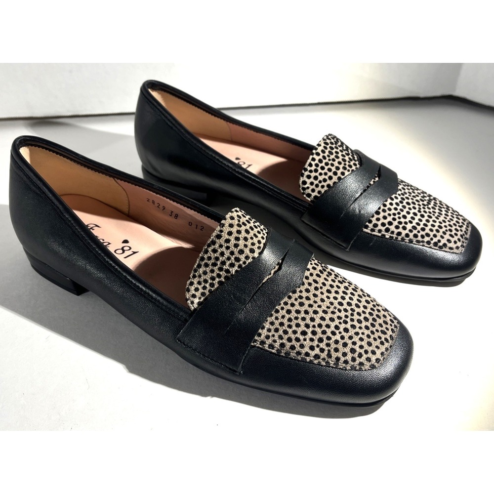 Ferca 81 Italy Black Leather Loafers Calf Hair Spot Square Toe Chic NWOB 7.5